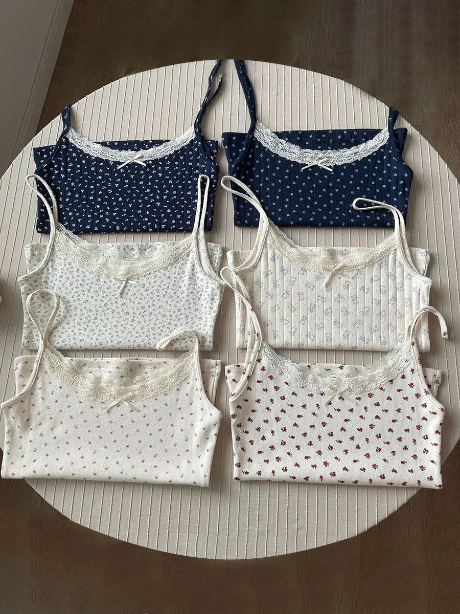 Women's Lace Trim Cotton Camisole with Bow Detail and Multiple Pattern Options