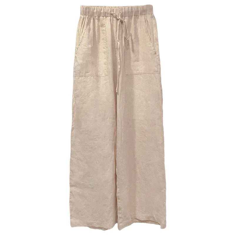 Women's Linen Loose Straight-Leg Full-Length Pants with Drawstring Waist and Side Pockets