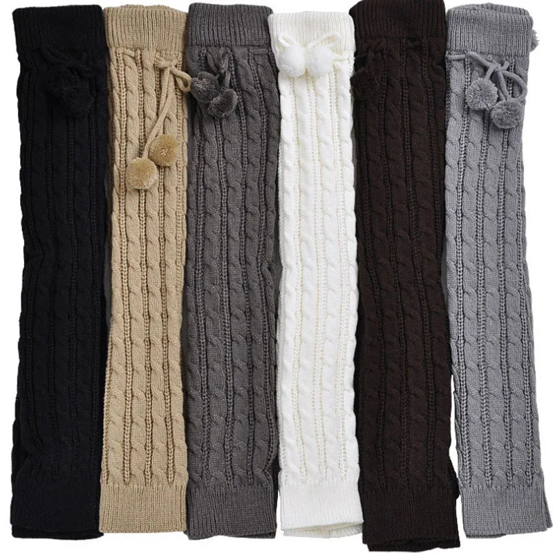 Cable Knit Leg Warmers with Decorative Pom Tie Details