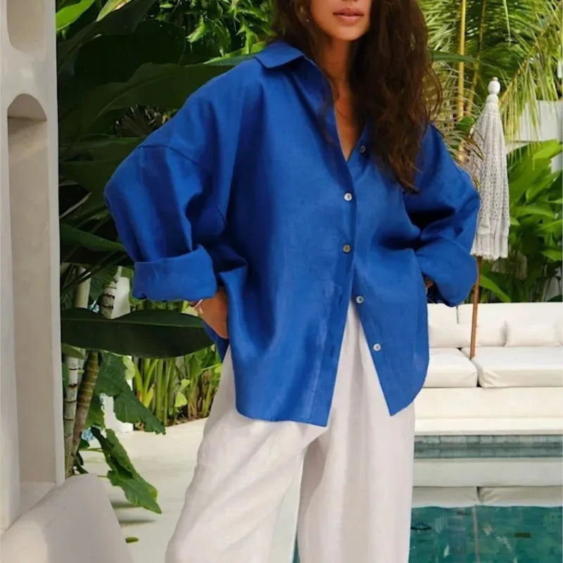 Women's Loose Collared Long Sleeve Button Front Shirt