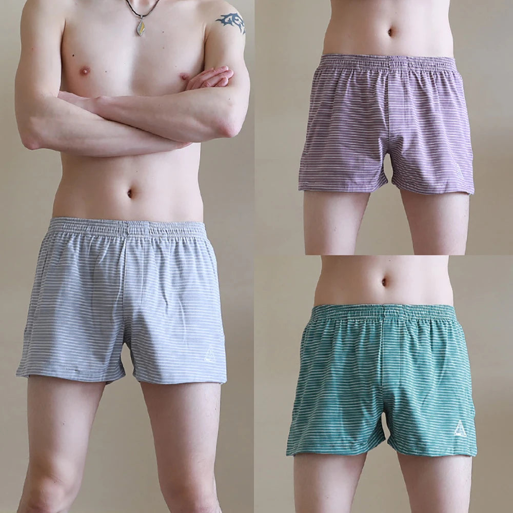 Men's Striped Elastic Waist Boxer Style Sleep Shorts