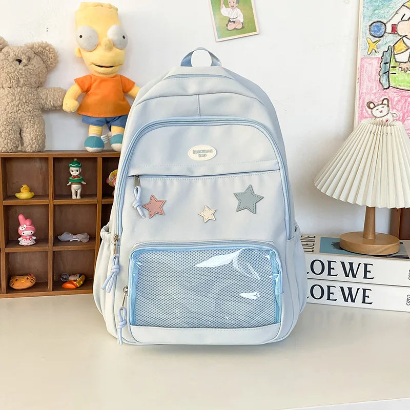 Star Detail Student Backpack with Transparent Front Pocket and Carry Handle