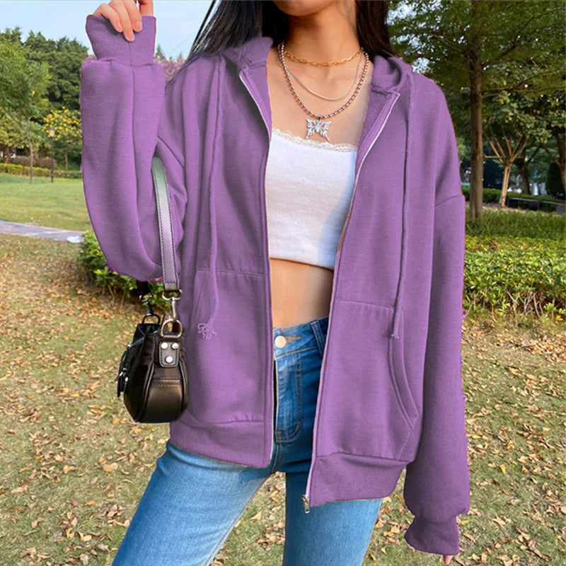 Long Sleeve Full Zip Casual Hooded Sweatshirt for Layering