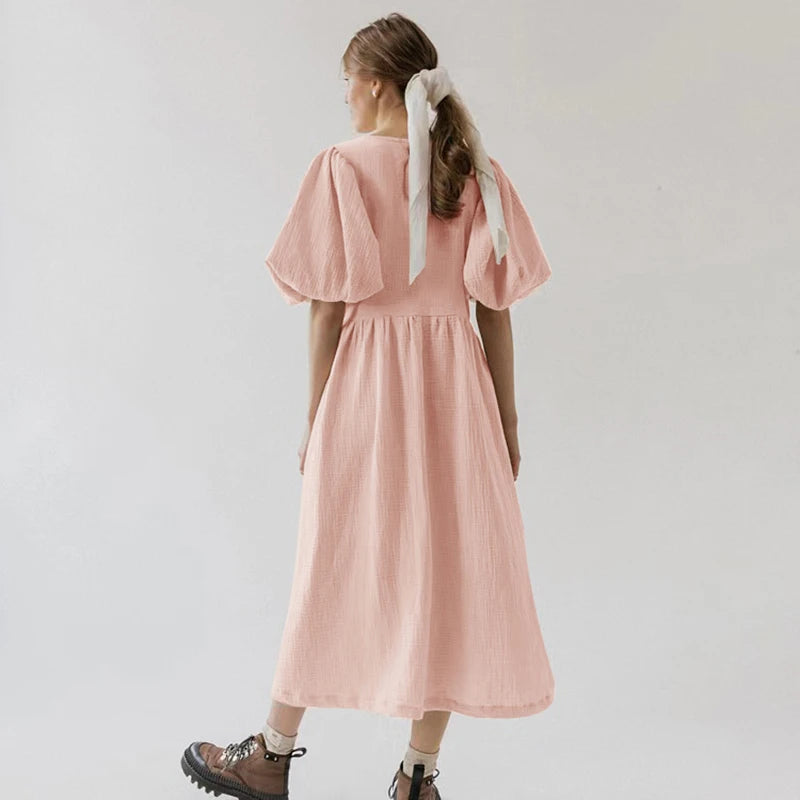 Women's Cotton V-Neck Short-Sleeve Loose A-Line Midi Dress for Casual Summer Outfits