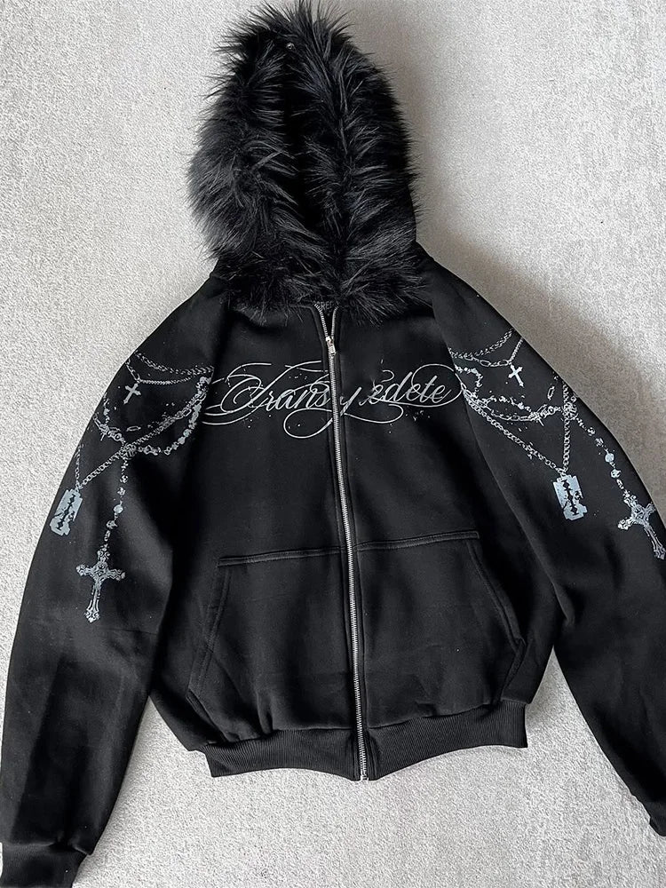 Fluffy Trim Long Sleeve Full Zip Casual Hoodie