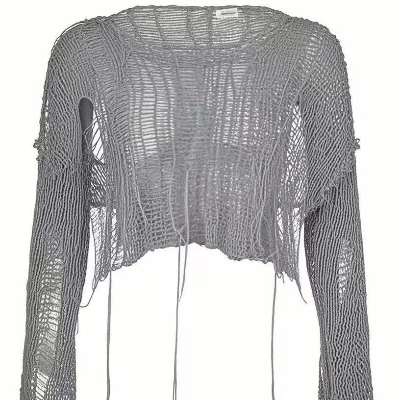 Women's Distressed Open Knit Cropped Pullover Crop Top