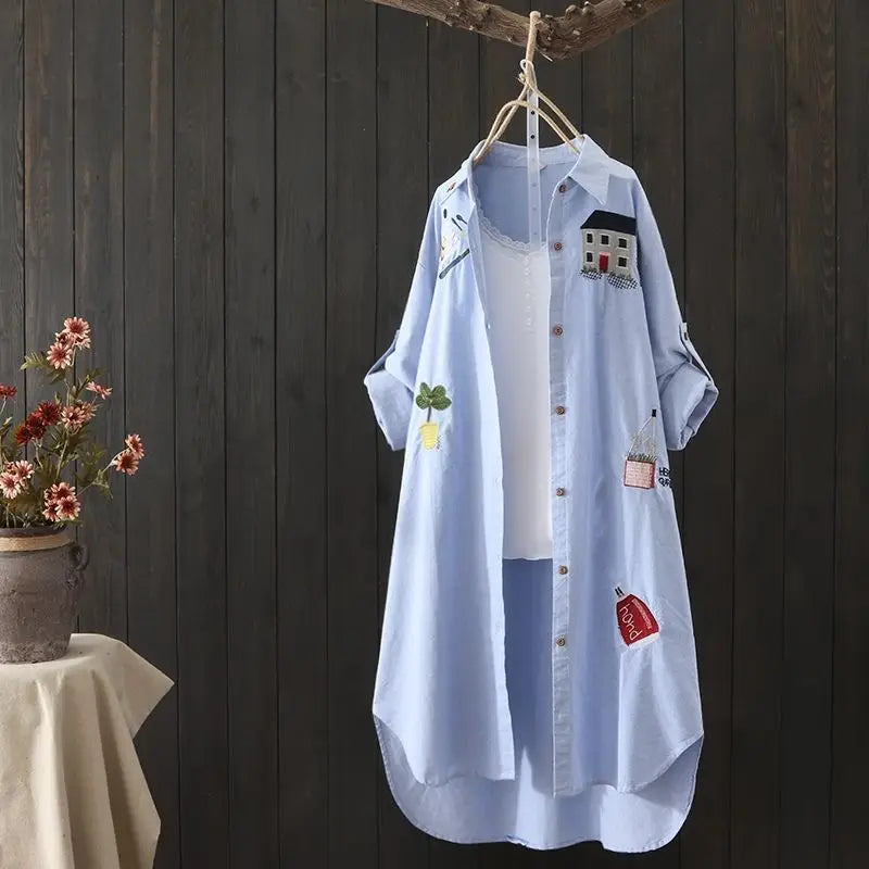Women's Embroidered Longline Button Front Shirt