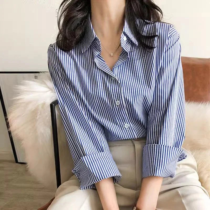 Women's Striped Collared Long Sleeve Button Front Shirt