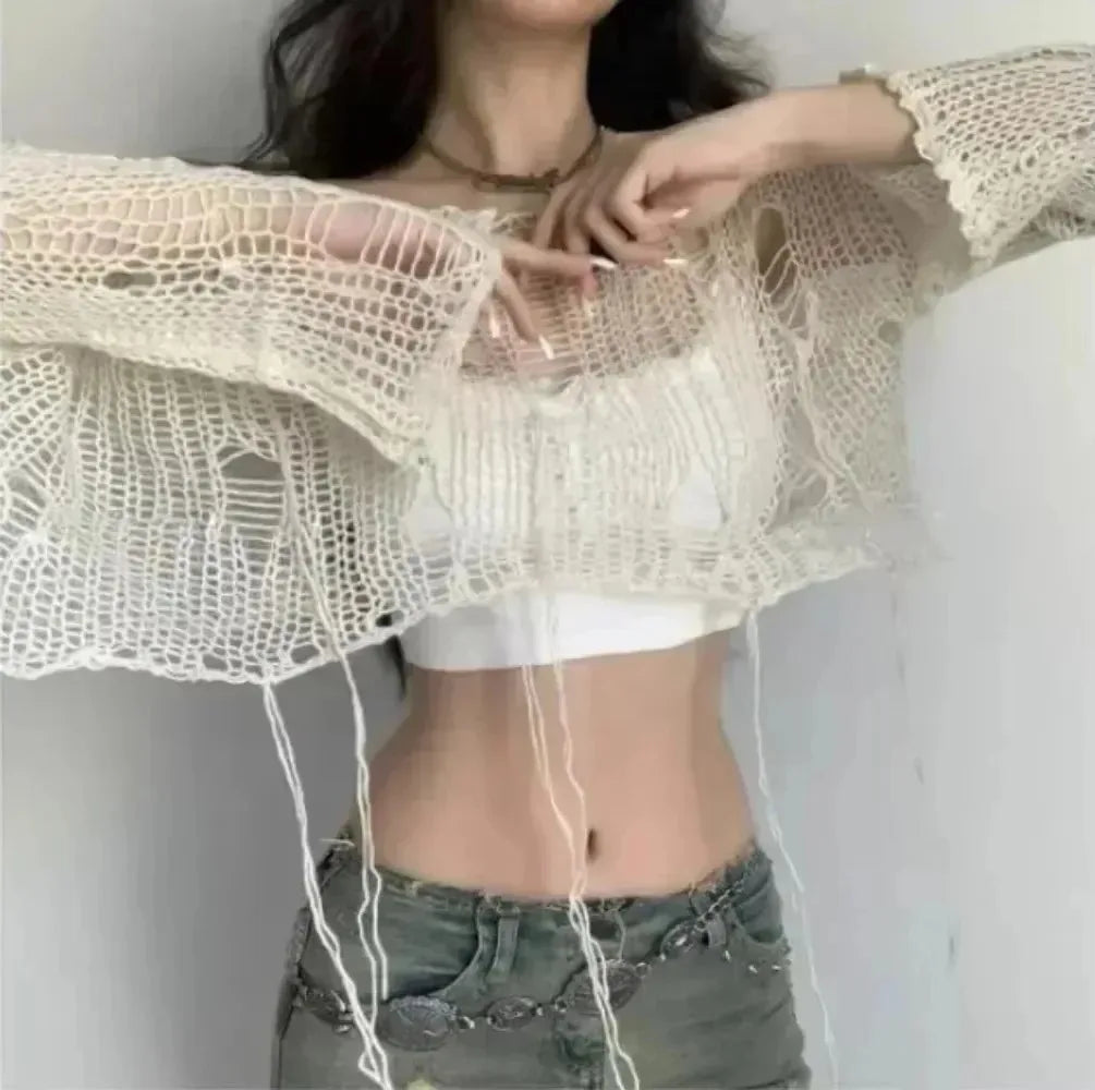 Women's Distressed Open Knit Cropped Pullover Crop Top