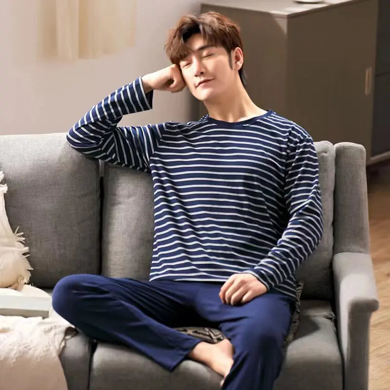 Men's Striped Long Sleeve Top and Pants Pajama Set