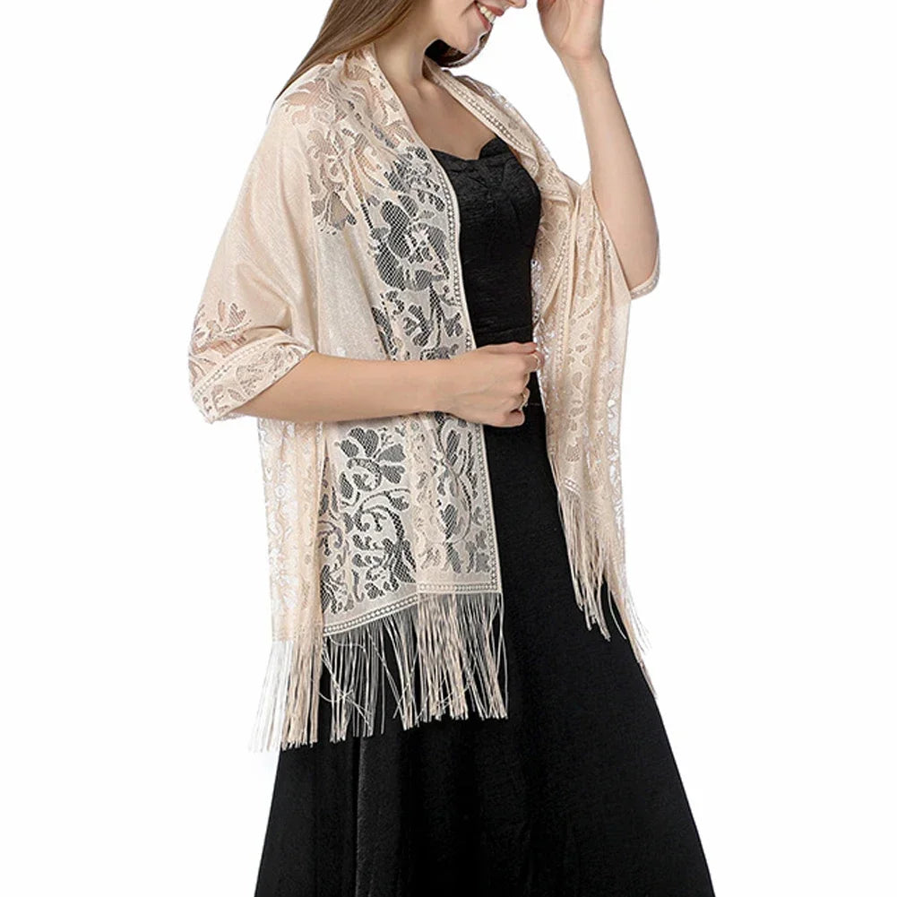Floral Lace Fringed Wrap Scarf for Layering over Outfits