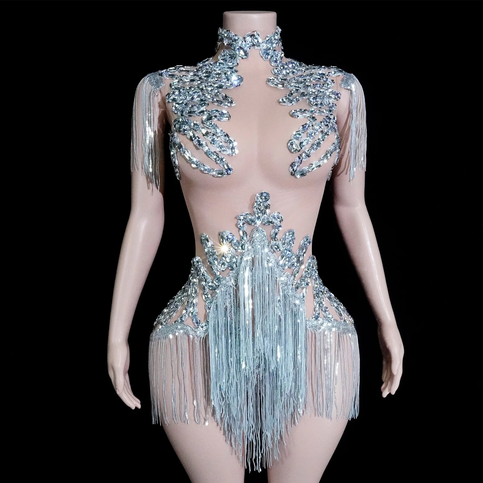 Women's Rhinestone Fringe Mesh Dance Bodysuit for Stage Costume Outfits