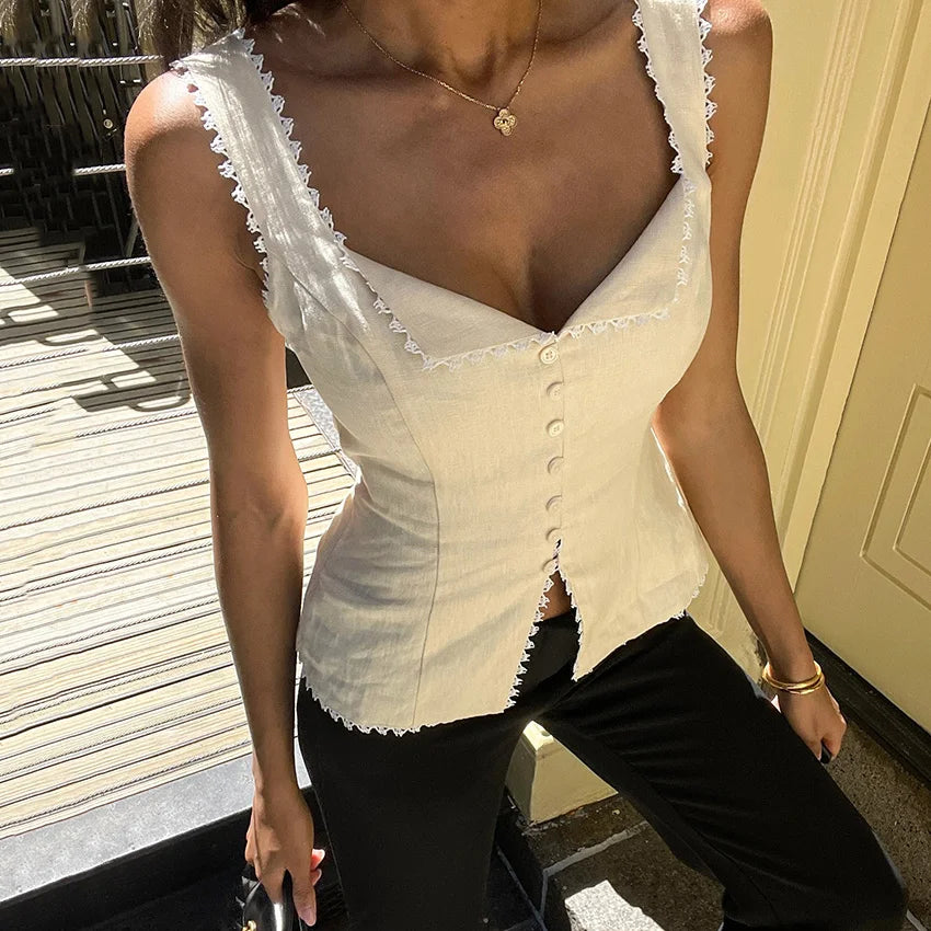 Women's Lace Trim Cotton Sleeveless Blouse with Button Front and Split Hem