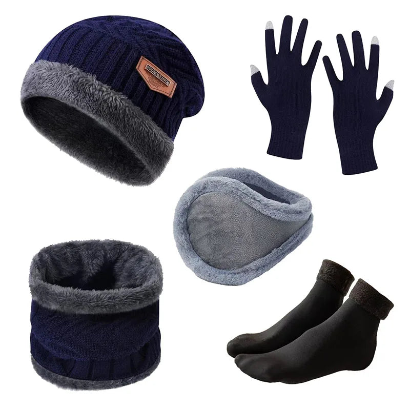 Men's Winter Hat Ear Protector Gloves Neck Hood and Socks Set