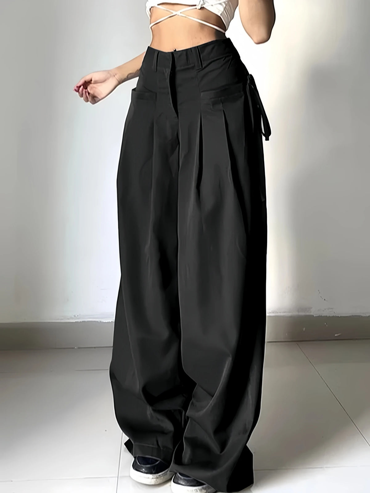 Women's Black Wide Leg Pants with Pleats and Side Waist Ties