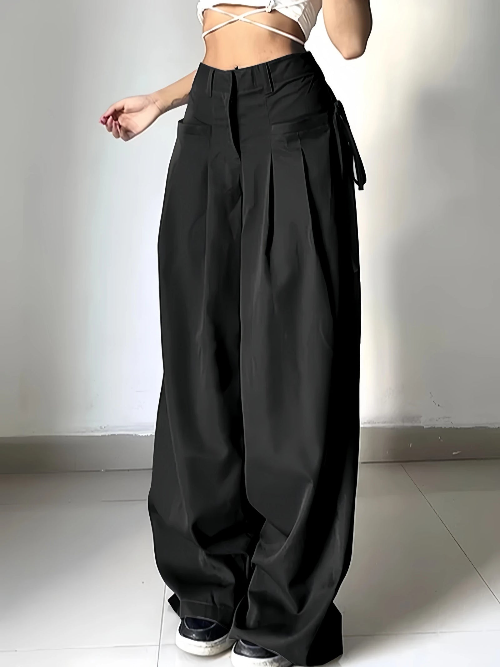 Women's Black Wide Leg Pants with Pleats and Side Waist Ties