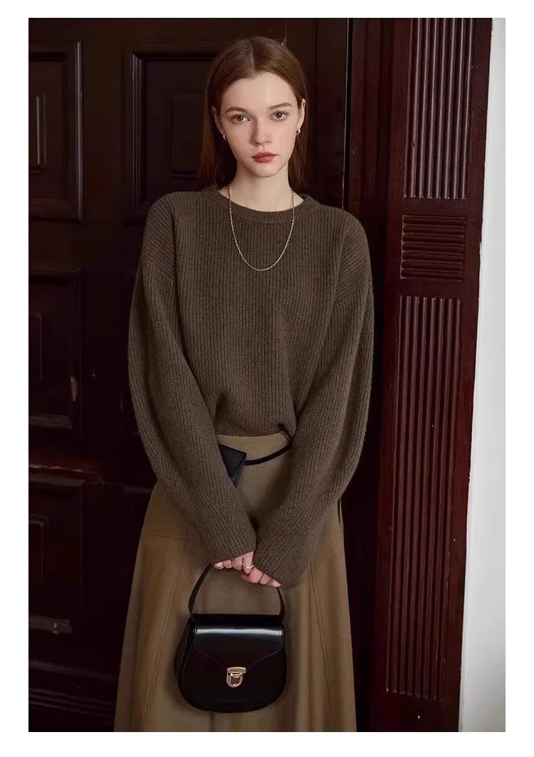 Vintage thick cashmere knitwear women's fall/winter loose shoulder crew neck sweater base sweater