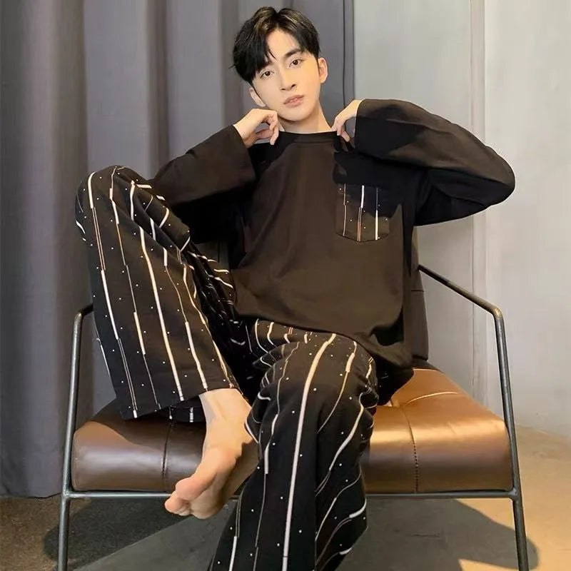 Men's Long Sleeve Pocket Top and Striped Pants Pajama Set
