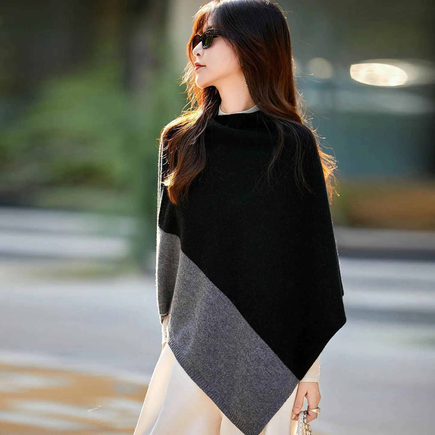 Contrast Block Asymmetric Poncho for Layering over Outfits
