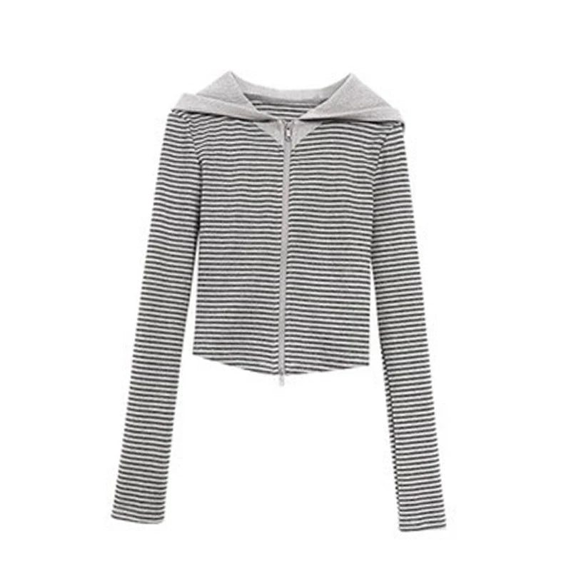 Striped Long Sleeve Full Zip Casual Hoodie for Layering