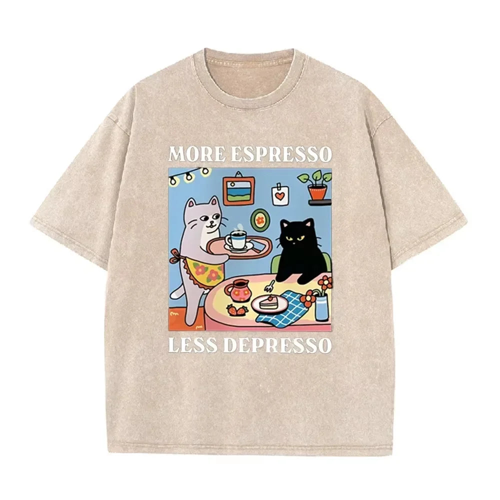 Vintage Black Cat Coffee T Shirt More Espresso Less Depresso Graphic Acid Wash Tee