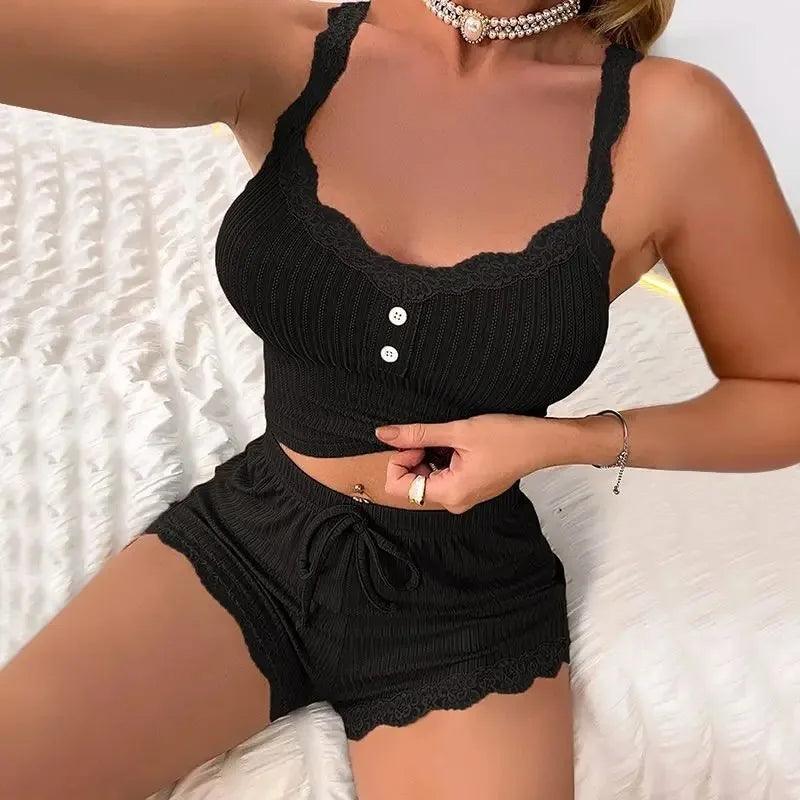 Women's Lace-Trim Cami and Drawstring Shorts Two-Piece Pajama Set