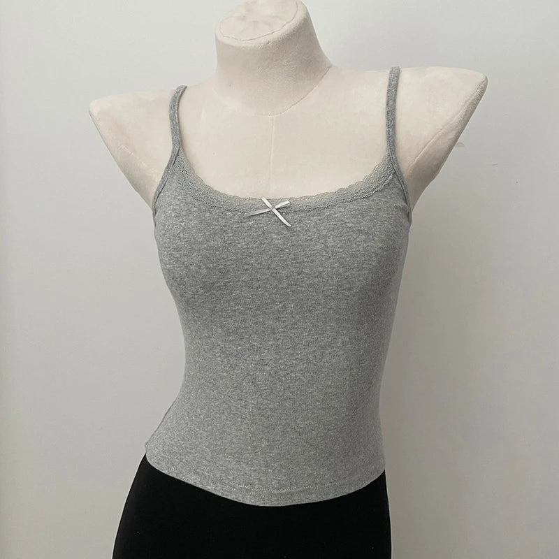 Women's Lace Trim Cotton Camisole with Bow Detail and Multiple Pattern Options