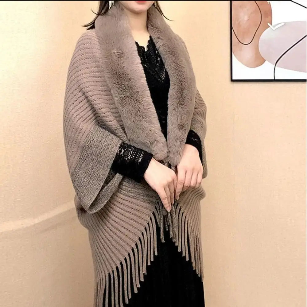 Plush Collar Ribbed Fringe Poncho for Layering over Outfits
