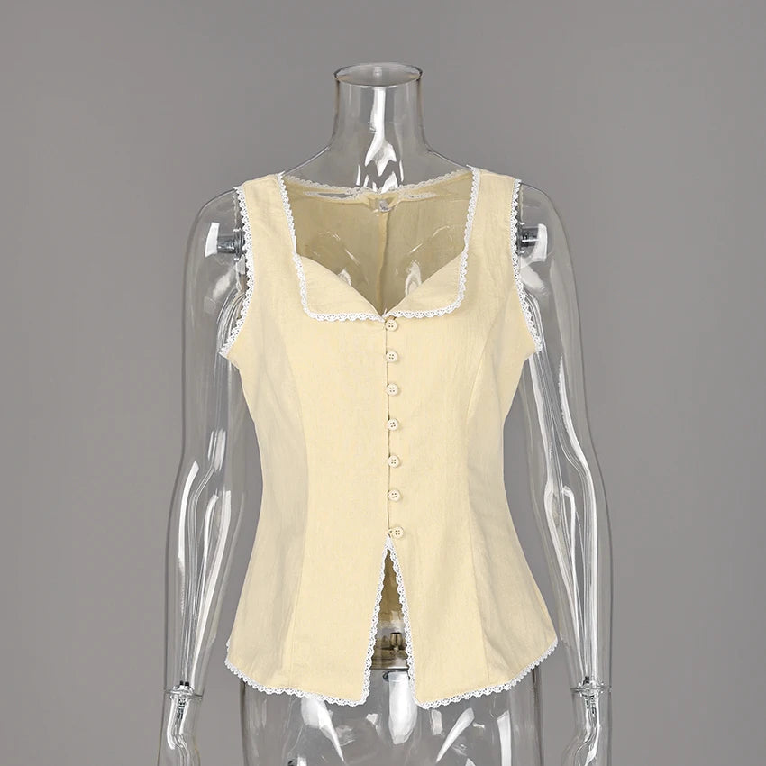 Women's Lace Trim Cotton Sleeveless Blouse with Button Front and Split Hem
