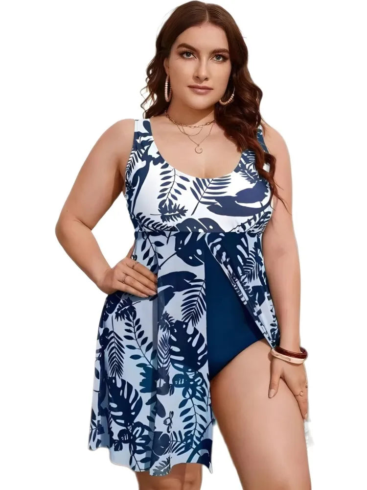 Women's Printed Scoop Neck Swimdress with Side Tie Skirt Overlay