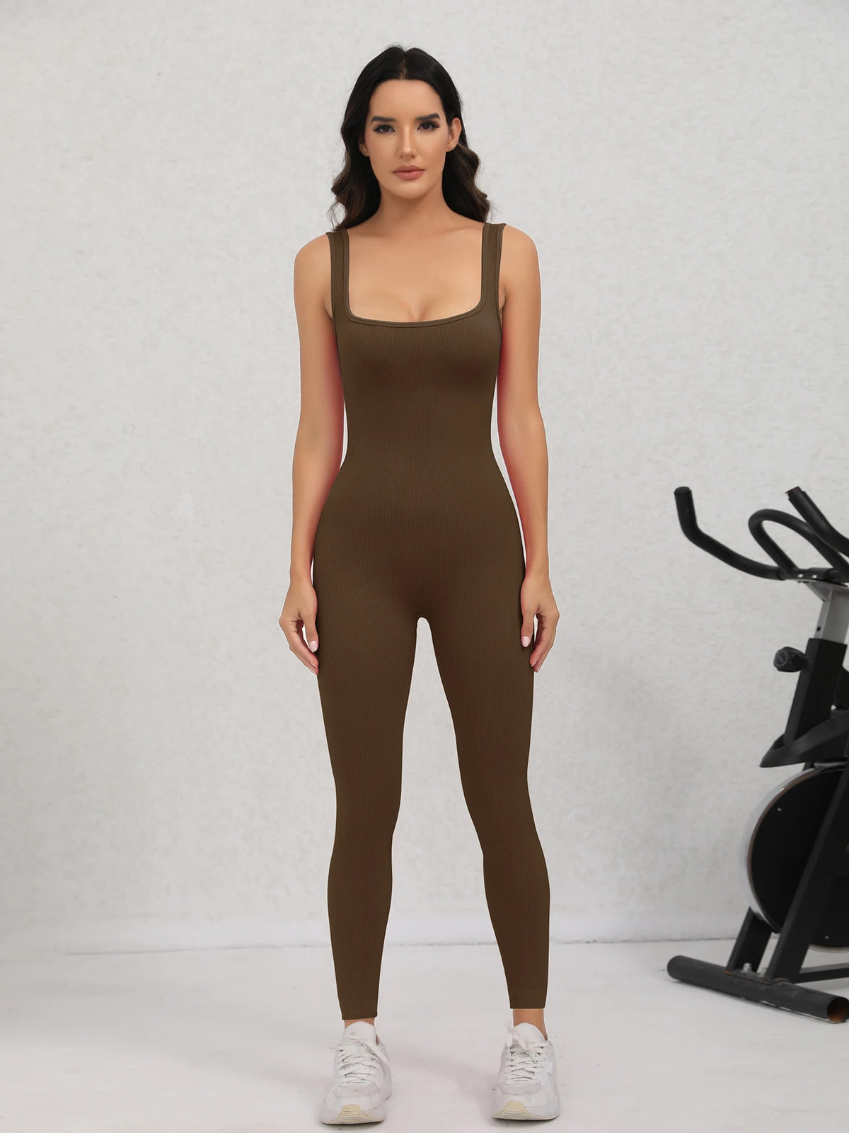Women's Square Neck Ribbed Nylon Blend Workout Jumpsuit with Fitted Legs