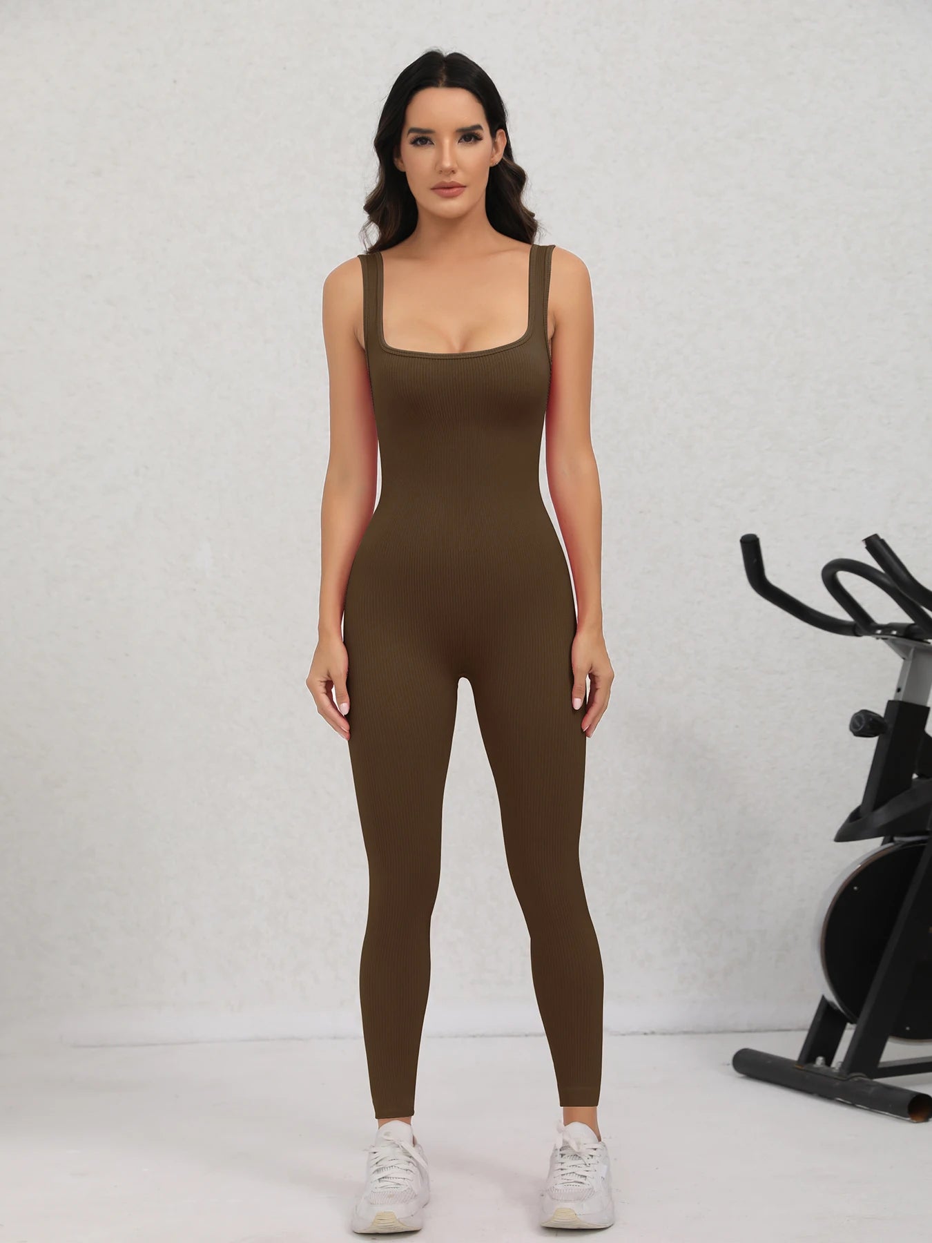 Women's Square Neck Ribbed Nylon Blend Workout Jumpsuit with Fitted Legs