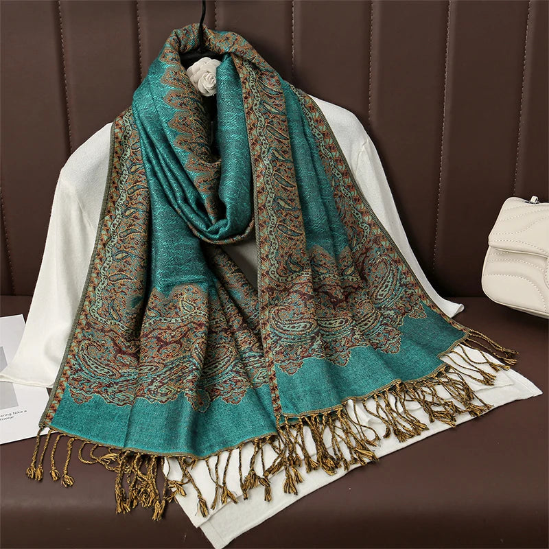 Paisley Floral Print Long Scarf with Fringed Ends