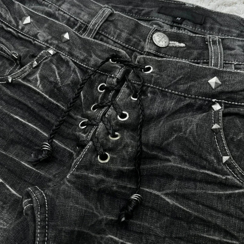Women's Lace Double Waist Distressed Flared Denim Jeans