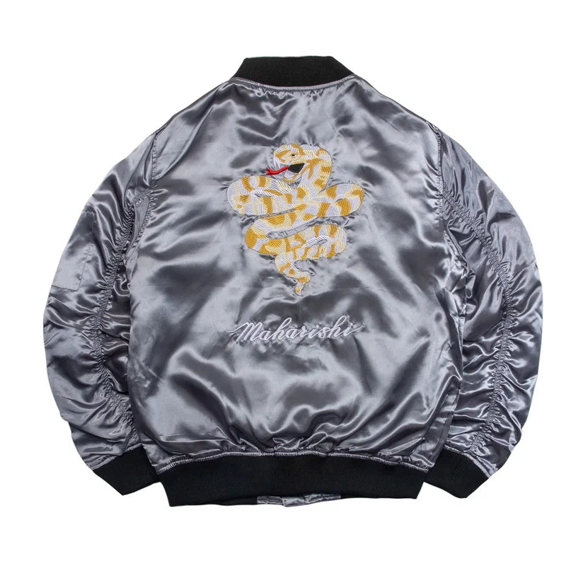 Zip Up Snack Back Embroidered Casual Loose Style Crew Neck Satin Bomber Jacket for Men Women