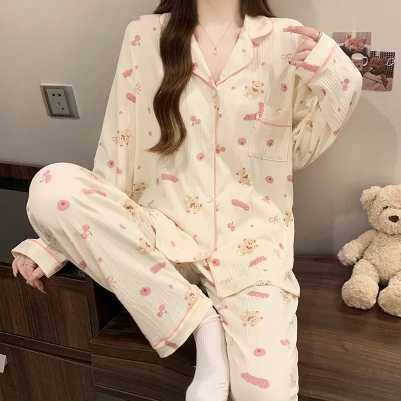 Women's Printed Button Front Long Sleeve Pajama Set with Top and Pants