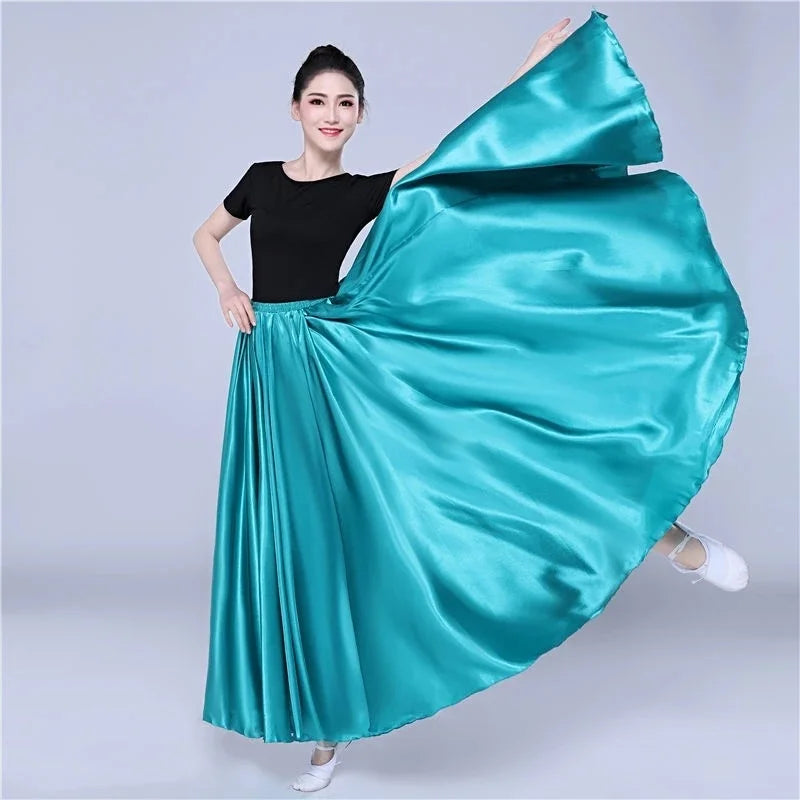 Women's Long Satin-Look Swing Dance Skirt with Length and Style Options