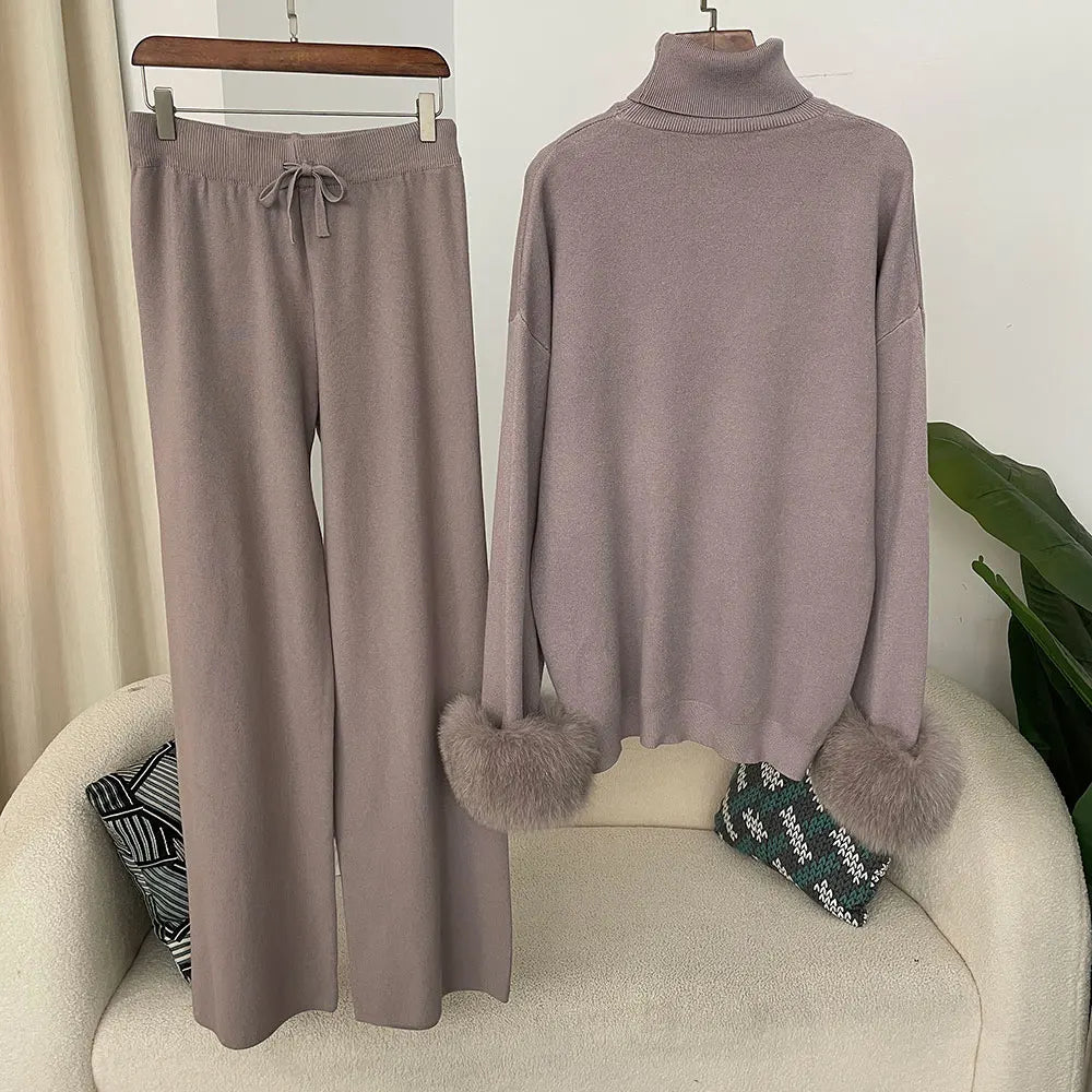 Women's Knit Long-Sleeve Zip-Front Top and Pants Set with Fox-Fur Cuff Trim