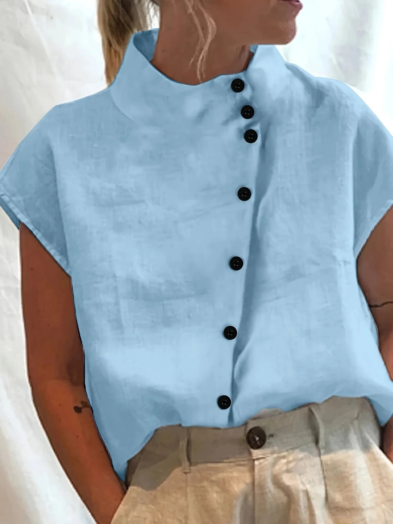 Women's Stand Collar Short Sleeve Button Front Shirt