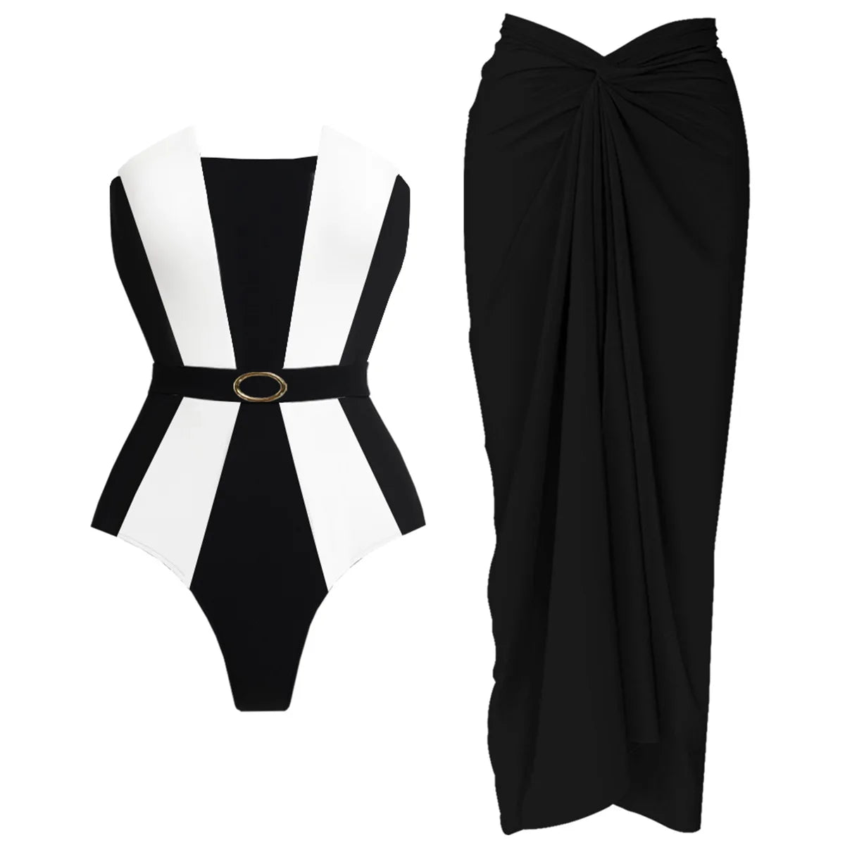 Striped Cutout One-Piece Swimsuit with Long Skirt