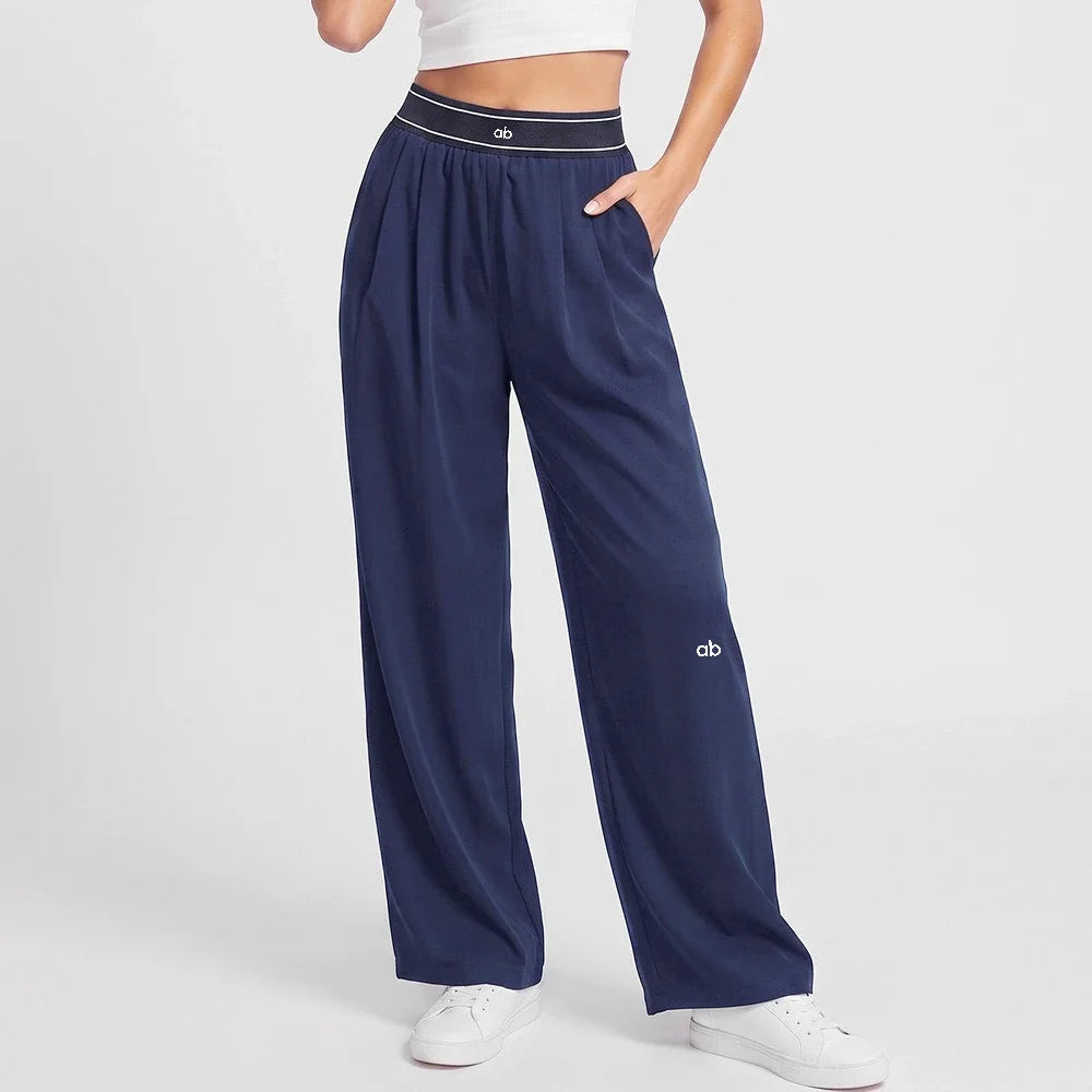 Women's Drawstring Waist Polyester Blend Wide Leg Pants for Casual Workouts