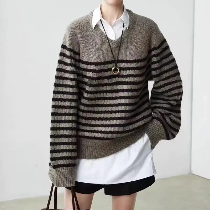 High-end V-neck striped 100% wool knitted sweater loose pullover sweater women wool base layer