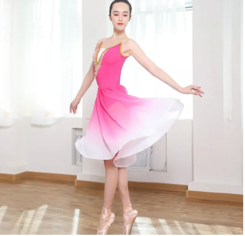 Women's Gradient Ballet Dance Dress with Flowing Skirt and Decorated Bodice