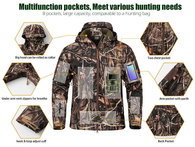 Men's Silent Camouflage Hunting Jacket Waterproof Fleece Tactical Jackets Soft Shell Outdoor Hiking Fishing Hooded Coat