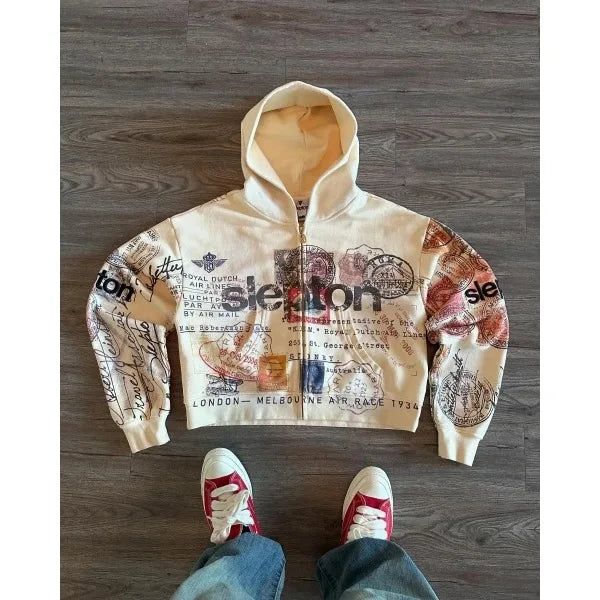 Abstract-Print Loose-Fit Long-Sleeve Zip-Front Hoodie