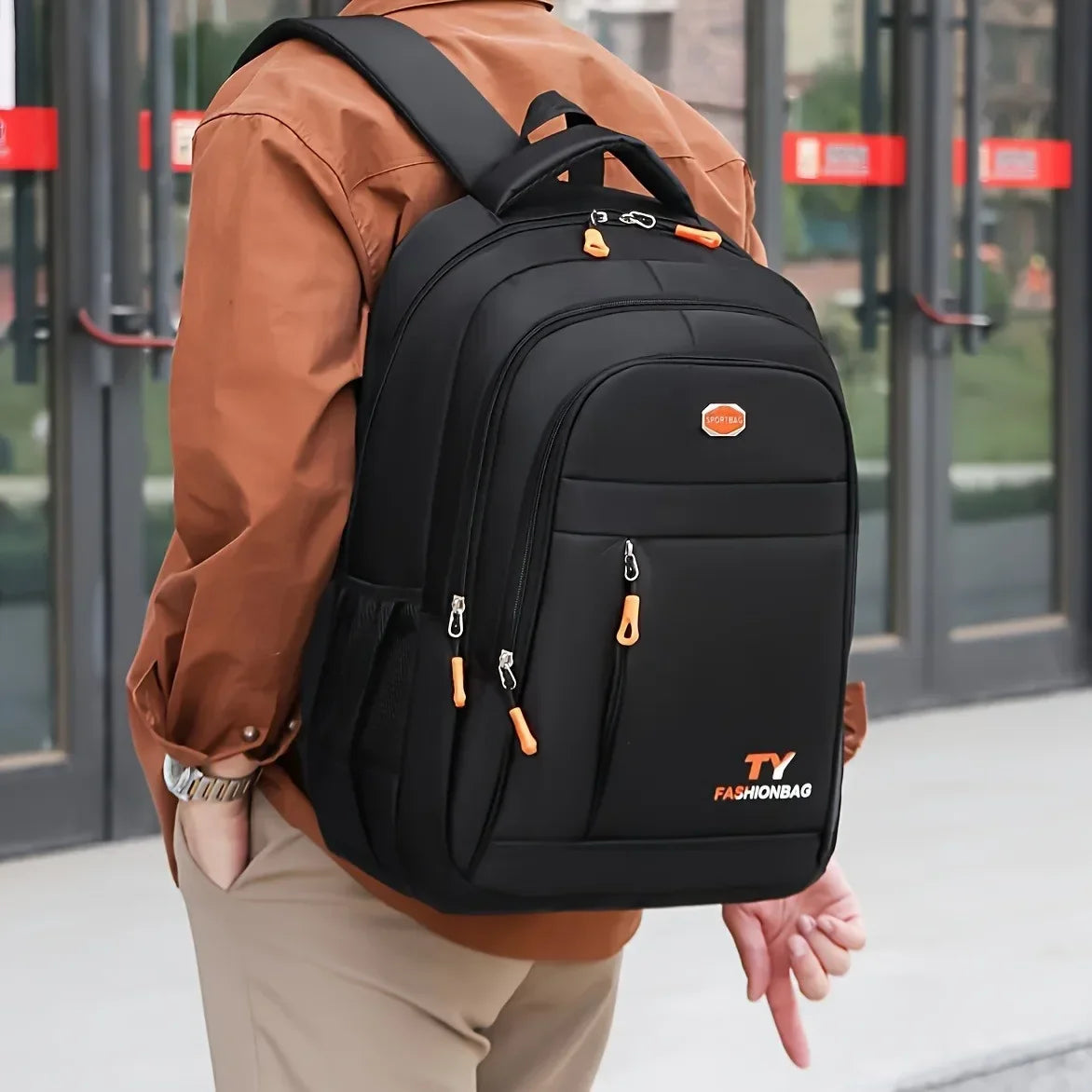 Casual Multi-Pocket Backpack with Contrast Zippers and Adjustable Shoulder Straps
