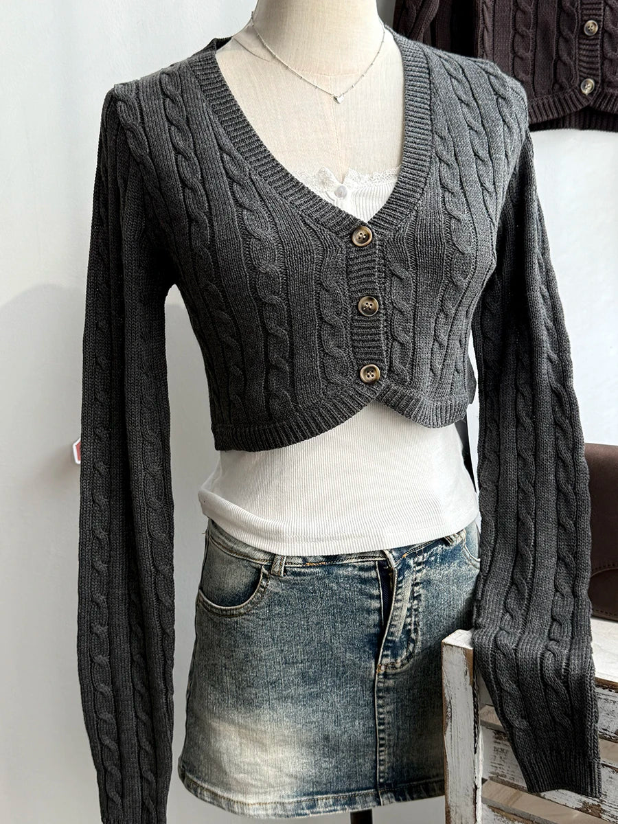 Women's Cropped V Neck Button Front Cardigan Casual Knit Layer