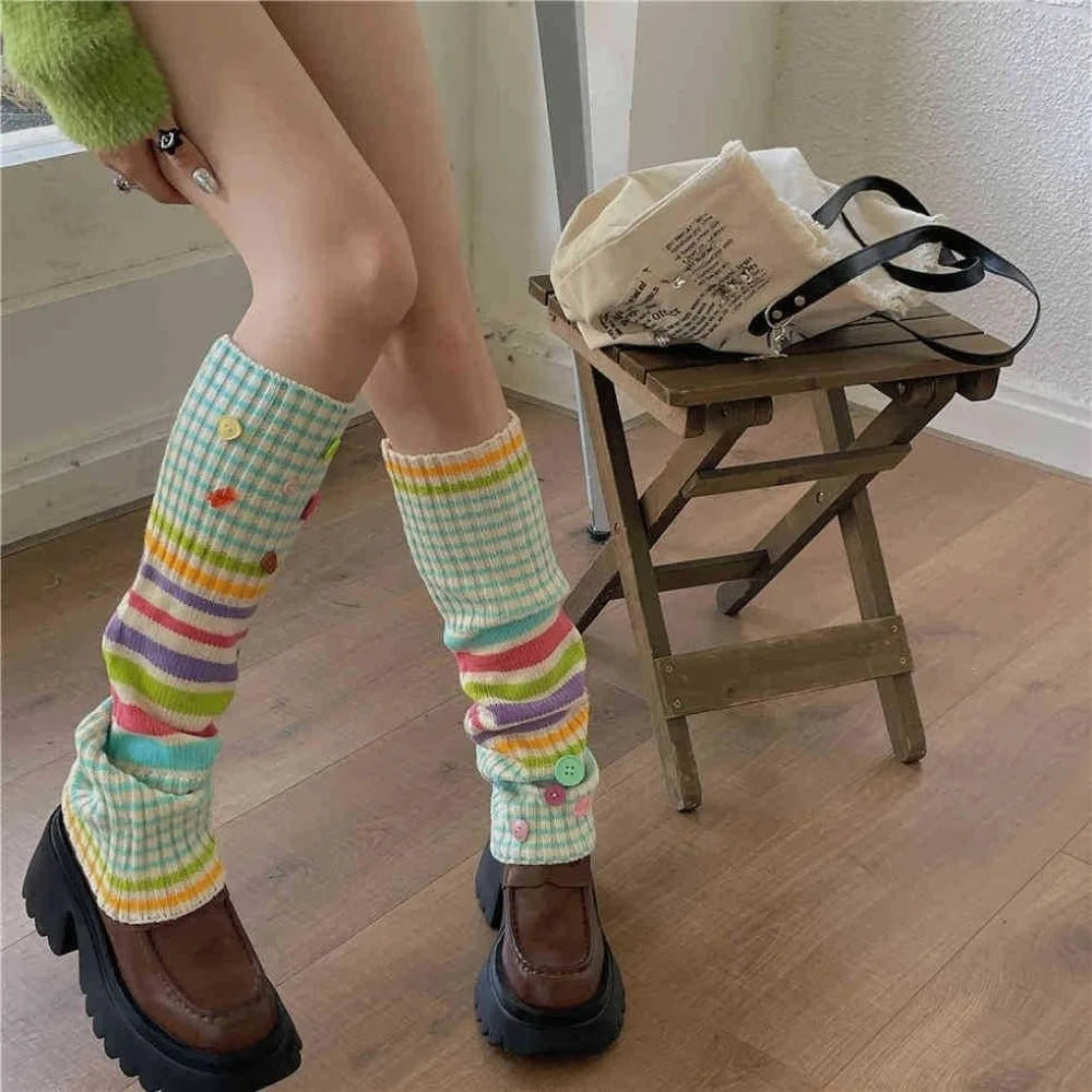Pastel Striped Knit Leg Warmers with Decorative Floral Details