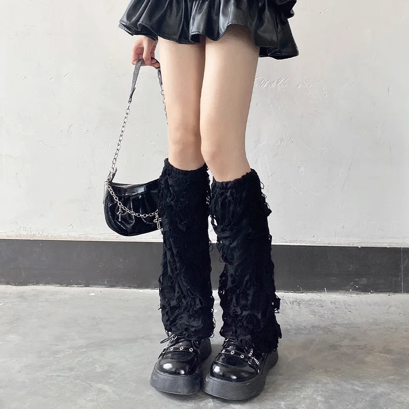 Black Distressed Knit Leg Warmers with Ripped Texture