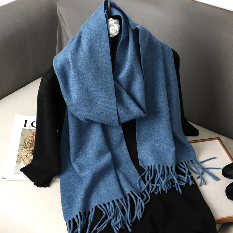 Solid Long Rectangular Scarf with Decorative Fringe Trim